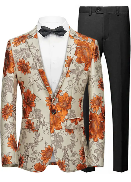Men's Stylish Orange Floral Jacquard Beige Jacket