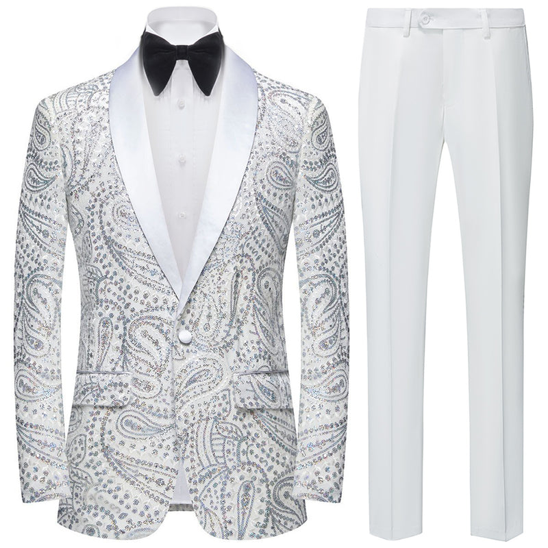 Silver Sequin Paisley White Tuxedo
