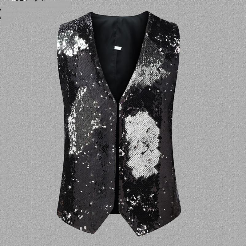 Men's Unique Gradient Sequin Black And Silver Vest