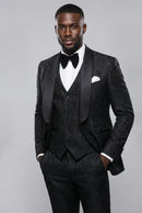Men's 3-Piece Black Rose Embroidery Shawl Lapel Wedding Suit