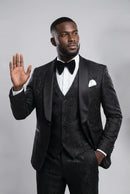 Men's 3-Piece Black Rose Embroidery Shawl Lapel Wedding Suit