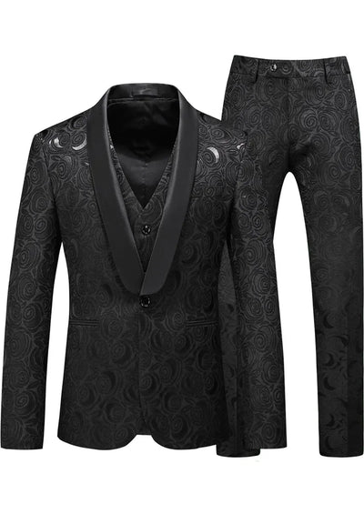 Men's 3-Piece Black Rose Embroidery Shawl Lapel Wedding Suit