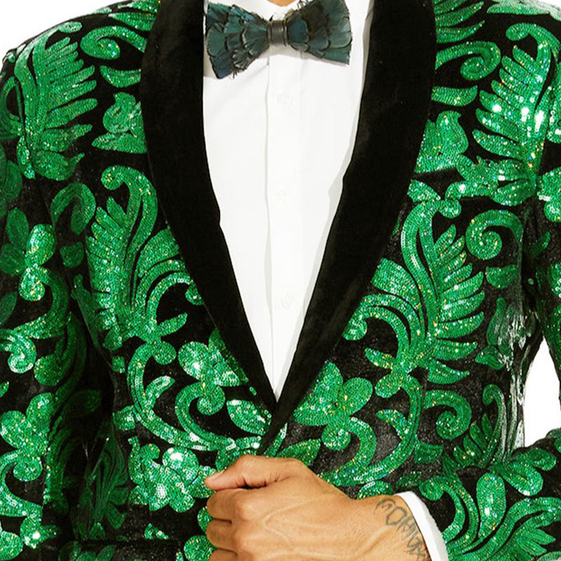 Men's Sparkle Floral Green Sequin Tuxedo Jacket