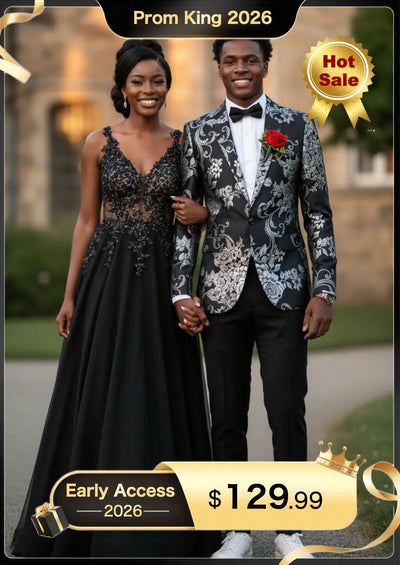 Men's 2-Piece Fashion Silver Peony Jacquard Black Tuxedo