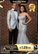 Esmoquin plateado de jacquard con solapa de pico y un botón para hombre