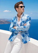 Men's Notched Lapel Blue Floral Jacquard Blazer with One Button