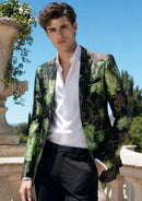 Men's Stylish Green Floral Jacquard Black Jacket