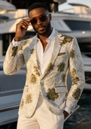 Men's Stylish Olive Green Floral Jacquard White Jacket