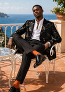 Men's Double-breasted Gold and Silver Floral Black Tuxedo Jacket