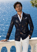 Men's Double-breasted Gold and Silver Floral Navy Blazer