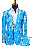 Blue patterned suit jacket on a mannequin with matching pants and shoes.