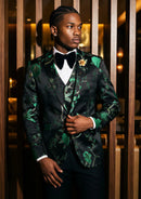 Men's 2-Piece Forest Green Tuxedo Embroided Bird and Flower