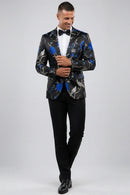 Men's 2-Piece Large Collar Unique Blue Bird Embroidery Suit