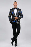 Men's 2-Piece Large Collar Unique Blue Bird Embroidery Suit
