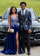 Traje de dos piezas con cuello grande y bordado de pájaro azul único para hombre