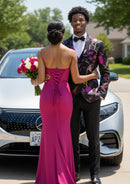 Traje de dos piezas para hombre con bordado de bosque y canto de pájaros en color magenta dorado