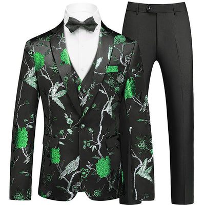 Men's 2-Piece Forest Green Tuxedo Embroided Bird and Flower