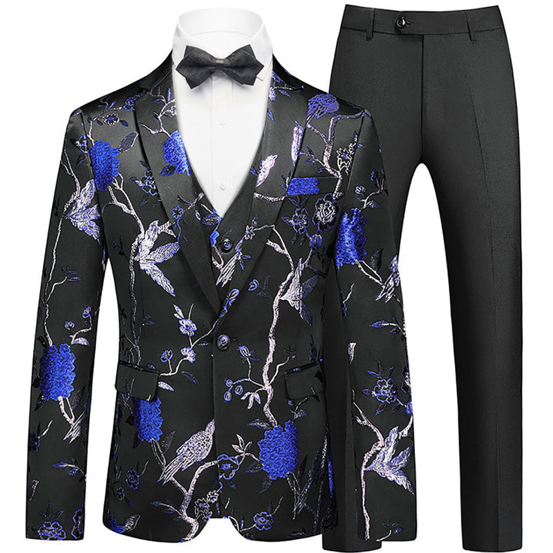 Men's 2-Piece Large Collar Unique Blue Bird Embroidery Suit
