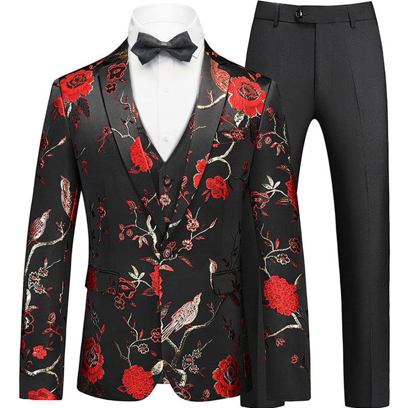 Men's 2-Piece Golden Red Birdsong Forest Embroidery Suit