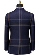 Men's One-Button Three-Piece Navy Plaid Business Suit