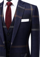 Men's One-Button Three-Piece Navy Plaid Business Suit