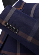 Men's One-Button Three-Piece Navy Plaid Business Suit