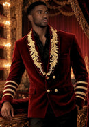 Men's Gold Floral Embroided Collar Court Style Burgundy Jacket