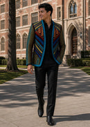 Men's Embroidered Geometric Pattern Blue and Gold Tuxedo