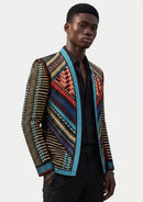 Men's Embroidered Geometric Pattern Blue and Gold Tuxedo