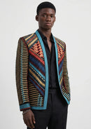 Men's Embroidered Geometric Pattern Blue and Gold Tuxedo