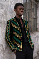 Men's Embroidered Green and Gold Geometric Pattern Tuxedo Jacket