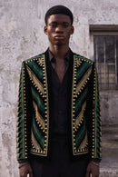 Men's Embroidered Green and Gold Geometric Pattern Tuxedo Jacket