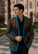 Men's Embroidered Geometric Pattern Blue and Gold Tuxedo