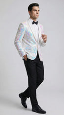 Men's Slim Fit Tuxedo Jacket Embroidery Sequin Jacket White
