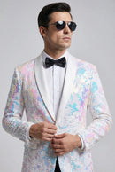 Men's Slim Fit Tuxedo Jacket Embroidery Sequin Jacket White