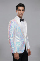 Men's Slim Fit Tuxedo Jacket Embroidery Sequin Jacket White