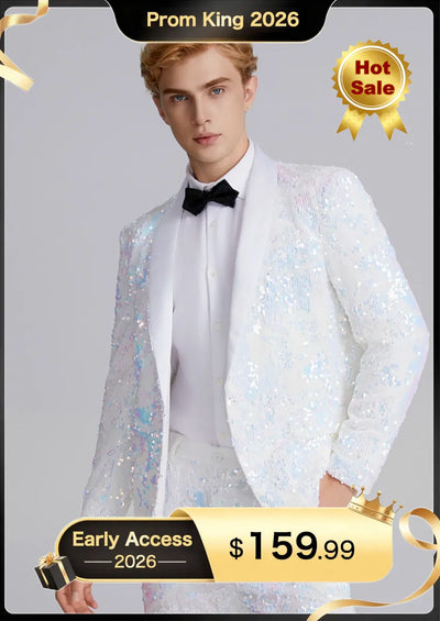 Men's 2-Piece Shawl Lapel in Satin Blue and White Sequin Tuxedo
