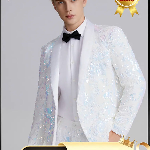 Men's Skinny Sequined Tuxedo Tie – Silver/Blue/White/Red, Silk Blend, Short Length