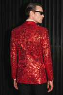 Men's Exquisite Shawl Lapel Floral Sequin Red Tuxedo