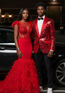 Men's Exquisite Shawl Lapel Floral Sequin Red Tuxedo