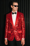 Men's Exquisite Shawl Lapel Floral Sequin Red Tuxedo
