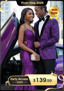 Chaqueta de esmoquin morado oscuro con estampado paisley azul y lentejuelas para hombre