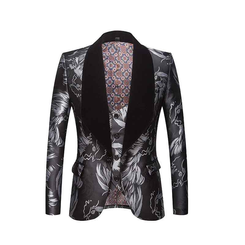 Men's 3-Piece Smoke Collar Silver Eagle Embroidery Black Suit