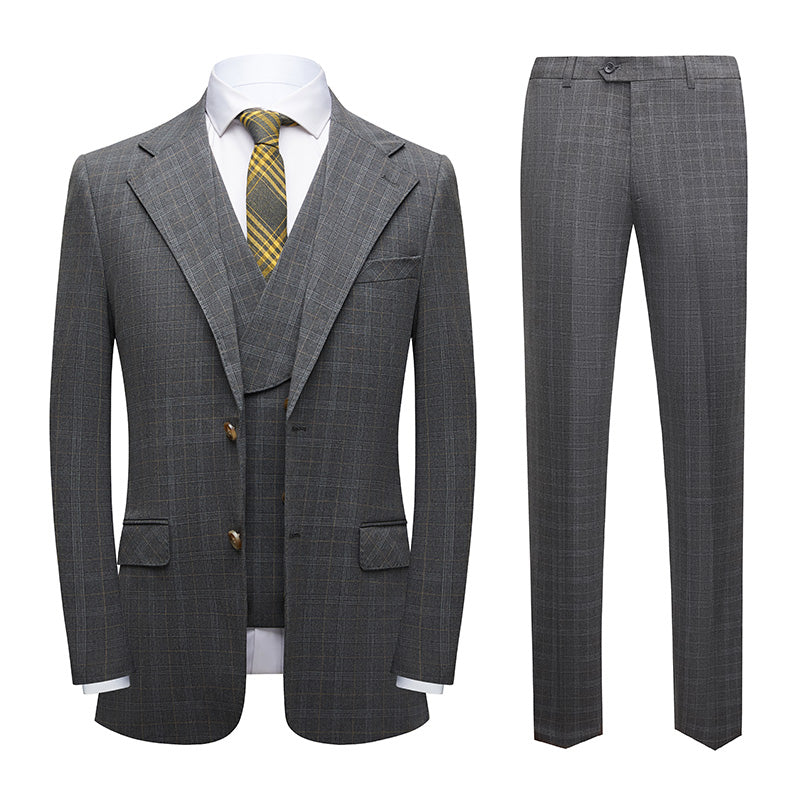 Men's 3-Piece Checkered Grey Two Button Grey Suit
