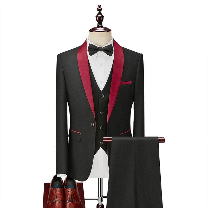 Tuxedo Action Men's 3-Piece Classic Dresses Red Lapel Black Prom Suit, Black / 38R
