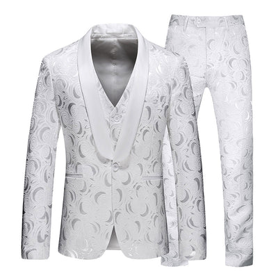 Men's 3-Piece White Rose Embroidery Shawl Lapel Wedding Suit