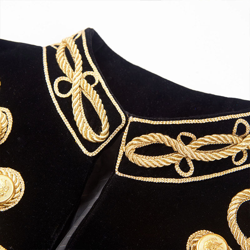 Men's Gold Aigillette Decorated Mandarin Collar Black Jacket
