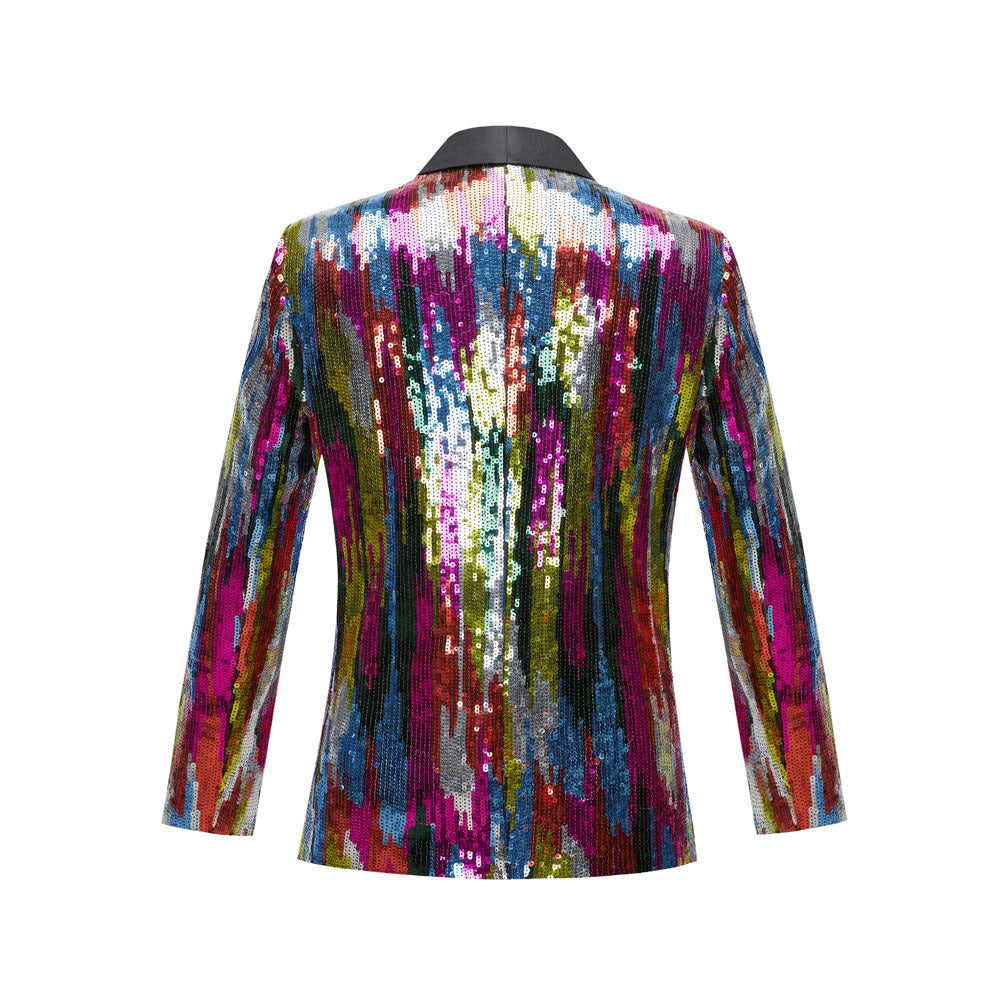 Men's Full Sequin Embroidered Pinstripe Rainbow Tuxedo Jacket