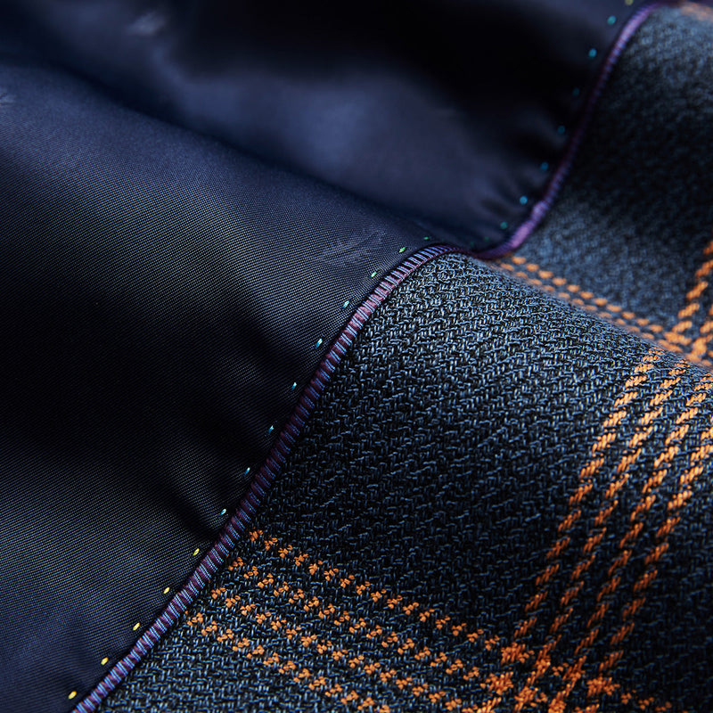 Men's 3-Piece Brown Plaid Design Navy Blue Suit