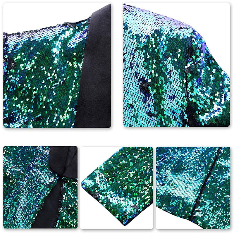 green and blue sequin tuxedo details